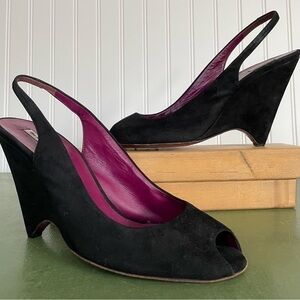 Miu Miu Slingback Peep Toe Wedge Heels in Black Leather